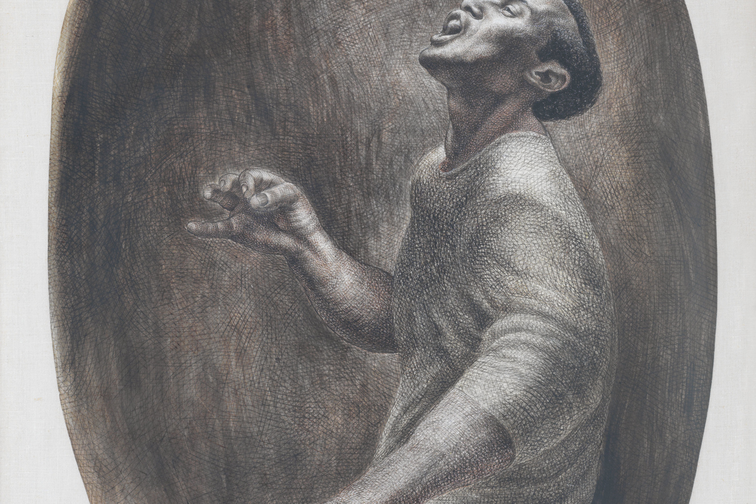 Charles White. Folksinger. 1957. Ink on board, 52 × 34″ (132.1 × 86.4 cm). Collection Pamela and Harry Belafonte. © 1957 The Charles White Archives. Photo: Christopher Burke Studios