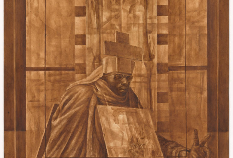 Charles White. Black Pope (Sandwich Board Man). 1973. Oil wash on board, 60 x 43 7/8&#34; (152.4 x 111.4 cm). Richard S. Zeisler Bequest (by exchange), The Friends of Education of The Museum of Modern Art, Committee on Drawings Fund, Dian Woodner, and Agnes Gund. © 2018 The Charles White Archives