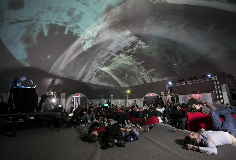 The Vinyl Factory presents Dinos Chapman Luftbobler live A/V show (US Premiere) on October 5, 2014. Presented at MoMA PS1 as part of VW Sunday Sessions 2014-2015. Photograph: Charles Roussel.