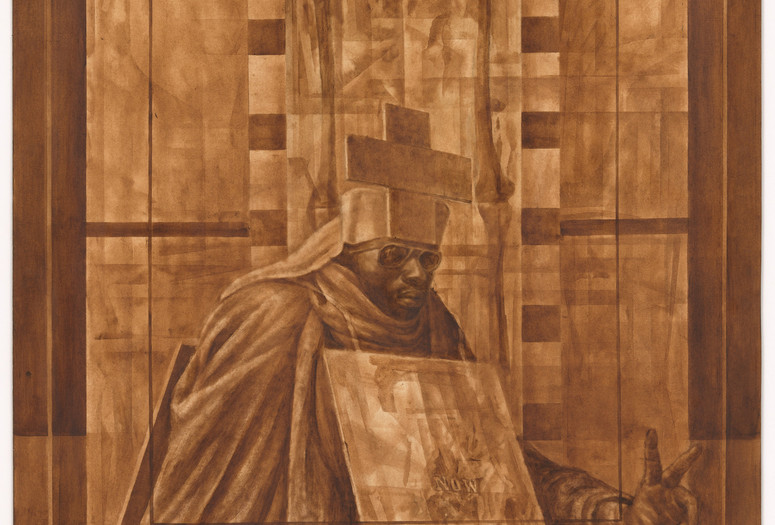 Charles White. Black Pope (Sandwich Board Man). 1973. Oil wash on board, 60 × 43 7/8" (152.4 × 111.4 cm). Richard S. Zeisler Bequest (by exchange), The Friends of Education of The Museum of Modern Art, Committee on Drawings Fund, Dian Woodner, and Agnes Gund. © 2018 The Charles White Archives