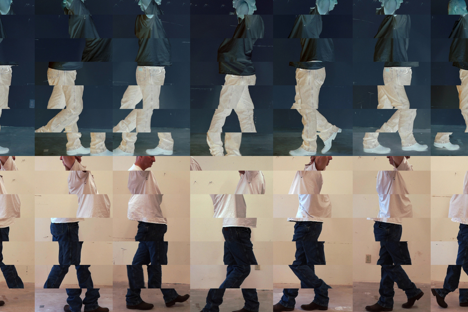 Bruce Nauman. Contrapposto Studies, i through vii. 2015/16. Seven-channel video (color, sound, continuous duration), dimensions variable. Jointly owned by The Museum of Modern Art, New York, acquired in part through the generosity of Agnes Gund and Jo Carole and Ronald S. Lauder; and Emanuel Hoffmann Foundation, on permanent loan to Öffentliche Kunstsammlung Basel. © 2018 Bruce Nauman/Artists Rights Society (ARS), New York. Photo courtesy the artist and Sperone Westwater, New York