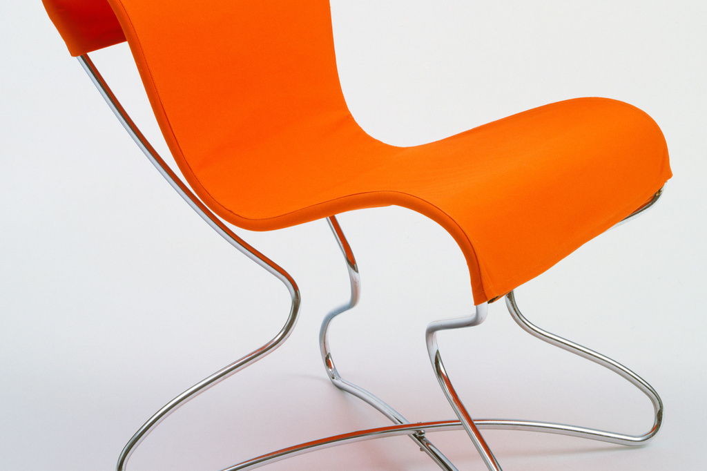 Eva Zeisel. Resilient Chair. 1948-49 Chrome-plated tubular steel and cotton, 28 1/2 x 26 x 26 1/2" (72.4 x 66 x 67.3 cm). Manufacturer: Hudson Fixtures, USA. The Museum of Modern Art, New York. Gift of the designer Architecture & Design 141.1995