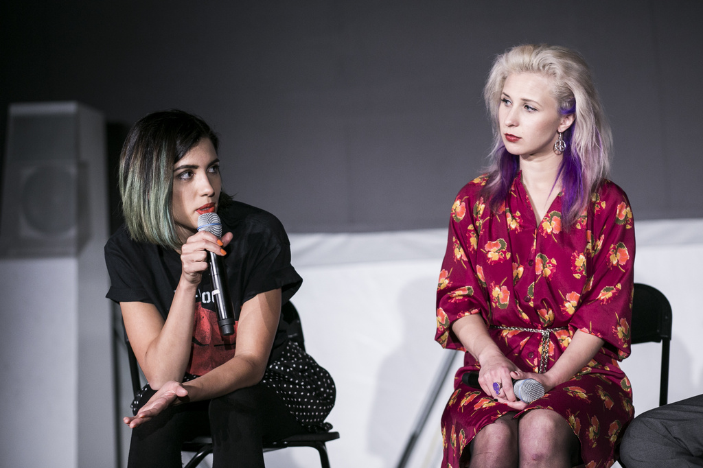 Members of Pussy Riot in Conversation with Klaus Biesenbach about Zero Tolerance: Activism, Artistic Courage and Civil Disobedience on November 2, 2014, presented at MoMA PS1 as part of VW Sunday Sessions 2014-2015. Photo by Charles Roussel.