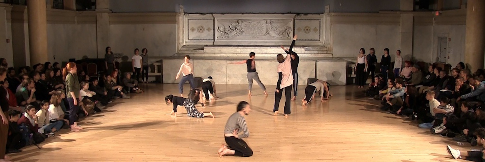 Performance view of Yoshiko Chuma + Jodi Melnick Workshop, Judson Memorial Church, January 22, 2018. Still image of video by Quentin Burley