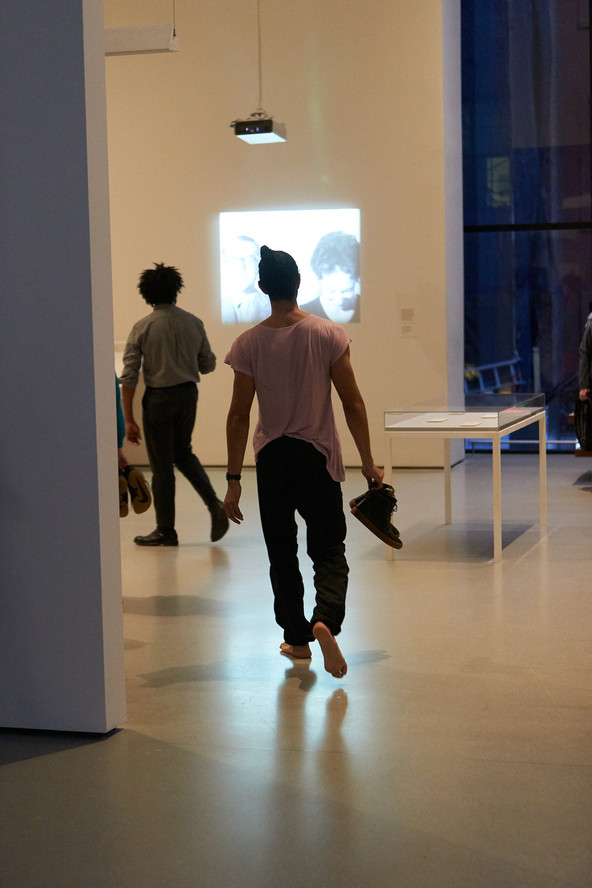At 3:30 p.m. performers leave the green room and head into the galleries.