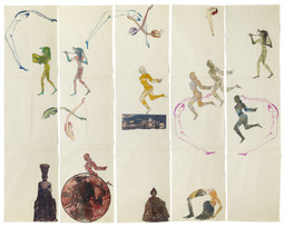 Nancy Spero. The Goddess Nut II. 1990. Handprinting and printed collage on paper, five panels, 7&#39; x 9&#39; 2&#34; (213.4 x 279.4 cm) overall. © 2019 The Nancy Spero and Leon Golub Foundation for the Arts/Licensed by VAGA at ARS, NY, courtesy Galerie Lelong &amp; Co. Photo: Michael Bodycomb