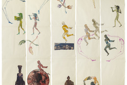 Nancy Spero. The Goddess Nut II. 1990. Handprinting and printed collage on paper, five panels, 7&#39; x 9&#39; 2&#34; (213.4 x 279.4 cm) overall. © 2019 The Nancy Spero and Leon Golub Foundation for the Arts/Licensed by VAGA at ARS, NY, courtesy Galerie Lelong &amp; Co. Photo: Michael Bodycomb