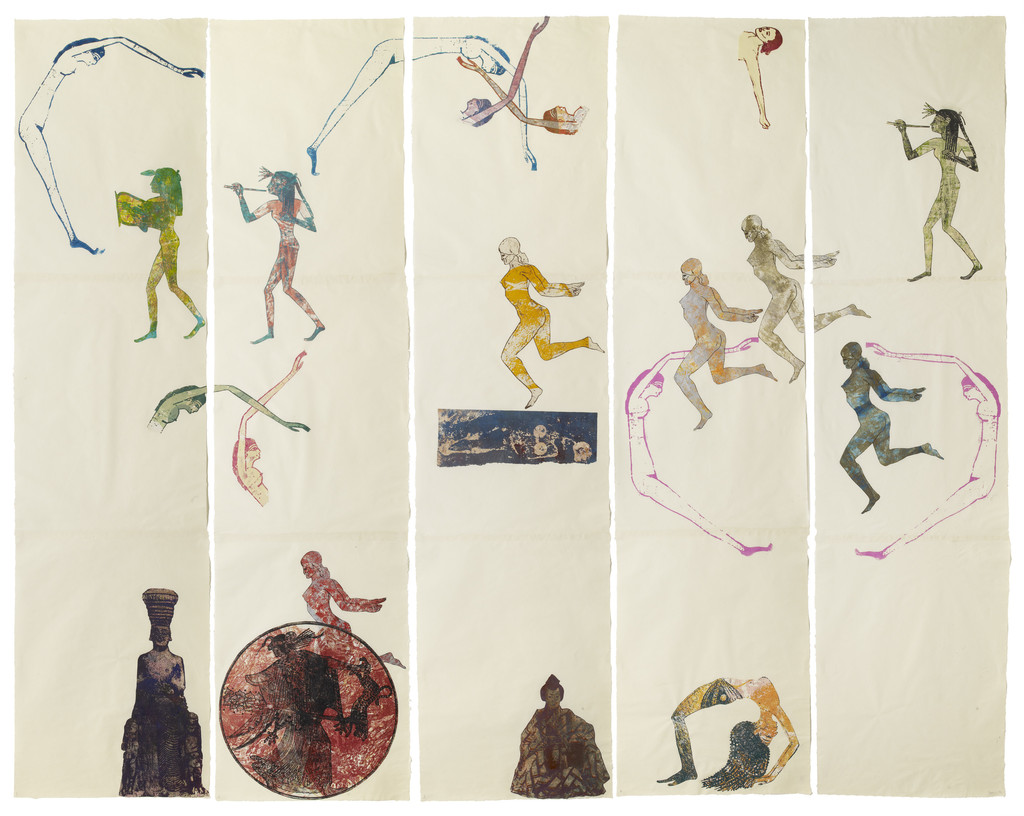 Nancy Spero. *The Goddess Nut II*. 1990. Handprinting and printed collage on paper, five panels, 7' x 9' 2" (213.4 x 279.4 cm) overall. © 2019 The Nancy Spero and Leon Golub Foundation for the Arts/Licensed by VAGA at ARS, NY, courtesy Galerie Lelong &amp; Co. Photo: Michael Bodycomb 