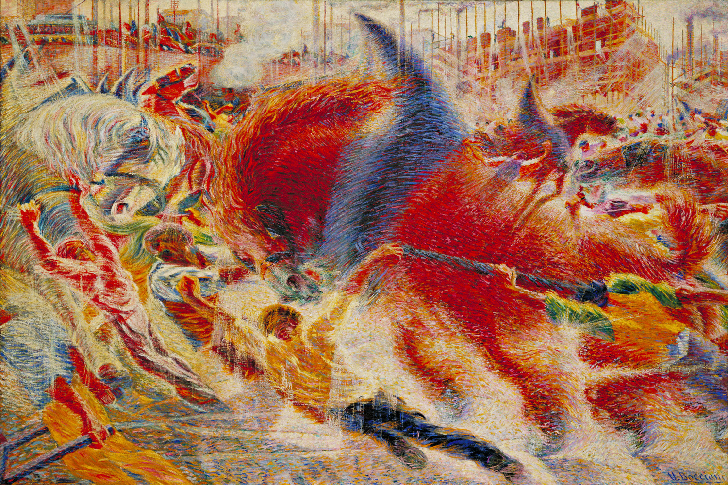 Umberto Boccioni. The City Rises. 1910. Oil on canvas, 6' 6 1/2" x 9' 10 1/2" (199.3 x 301 cm). Mrs. Simon Guggenheim Fund