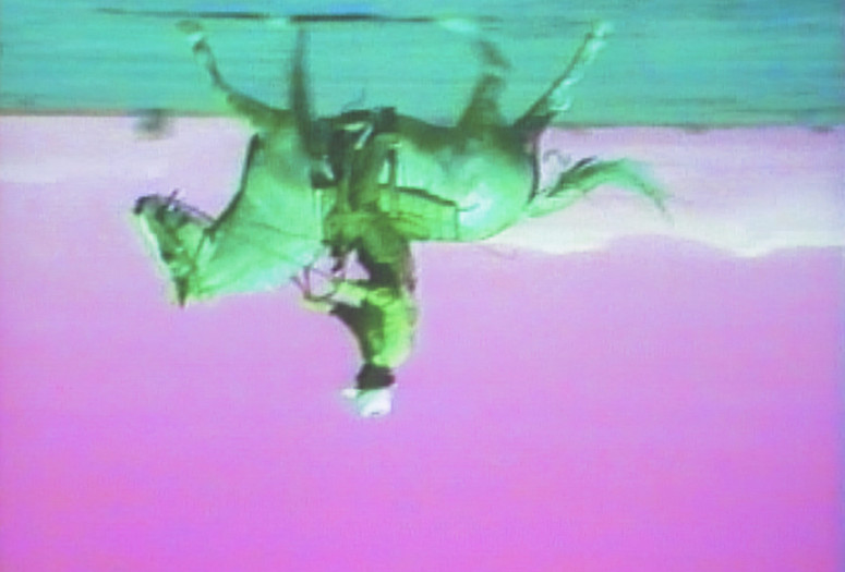 Still from Bruce Nauman. Green Horses. 1988. Video installation (color, 59:40 min.) with two color video monitors, two DVD players, video projector, and chair, dimensions variable. Purchased jointly by the Albright-Knox Art Gallery, with funds from the Bequest of Arthur B. Michael, by exchange; and the Whitney Museum of American Art, New York, with funds from the Director’s Discretionary Fund and the Painting and Sculpture Committee, 2007. © 2018 Bruce Nauman/Artists Rights Society (ARS), New York. Photo: Ron Amstutz