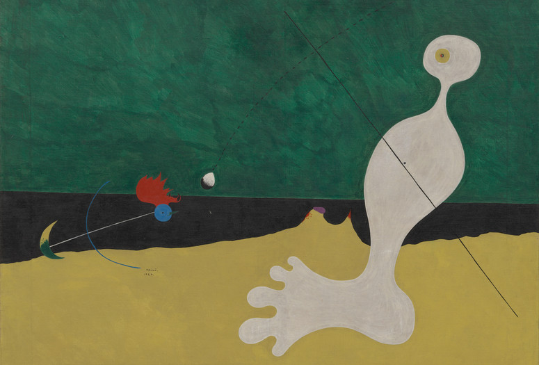 Joan Miró. Person Throwing a Stone at a Bird. 1926. Oil on canvas, 29 x 36 1/4" (73.7 x 92.1 cm). Purchase. ©2019 Successió Miró/Artists Rights Society (ARS), New York/ADAGP, Paris