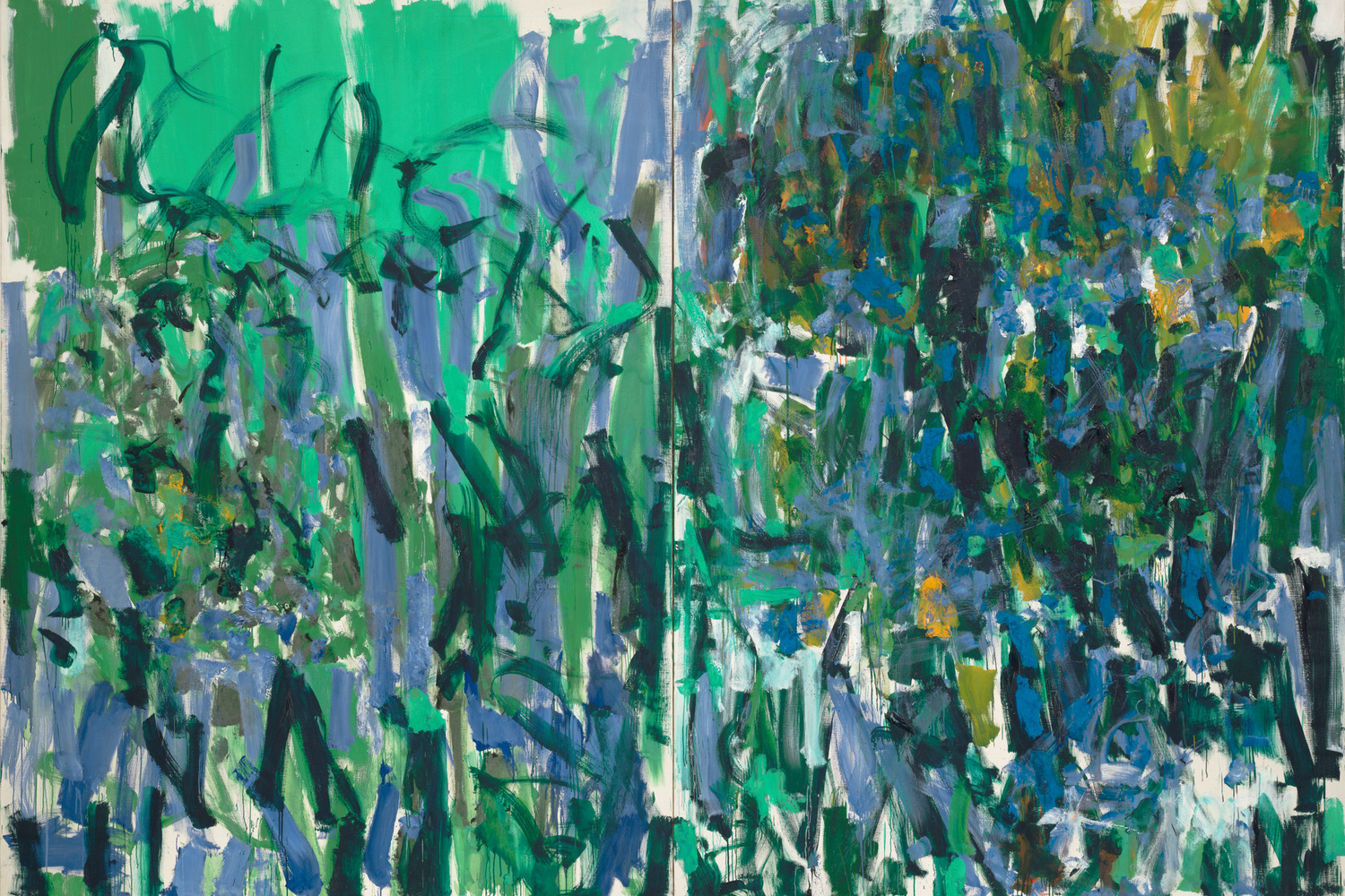Joan Mitchell. No Rain. 1976. Oil on canvas, two panels, 9' 2" x 13' 1 /58" (279.5 x 400.4 cm). Gift of The Estate of Joan Mitchell. © Estate of Joan Mitchell
