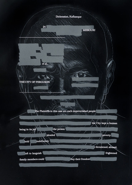 Titus Kaphar and Reginald Dwayne Betts. Untitled (from the Redaction project). 2019. Etching and silkscreen on paper, 22 x 30&#34;. Image courtesy Titus Kaphar Studio. Photo: Merik Goma