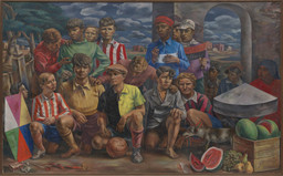 Antonio Berni (Argentine, 1905–1981). New Chicago Athletic Club (Club atlético Nueva Chicago). 1937. Oil on canvas. 6 ft. ¾ in. x 9 ft. 10 ¼ in. (184.8 x 300.4 cm). The Museum of Modern Art, New York. Inter-American Fund. © 2019 Fundación Antonio Berni and Luis Emilio De Rosa, Argentina