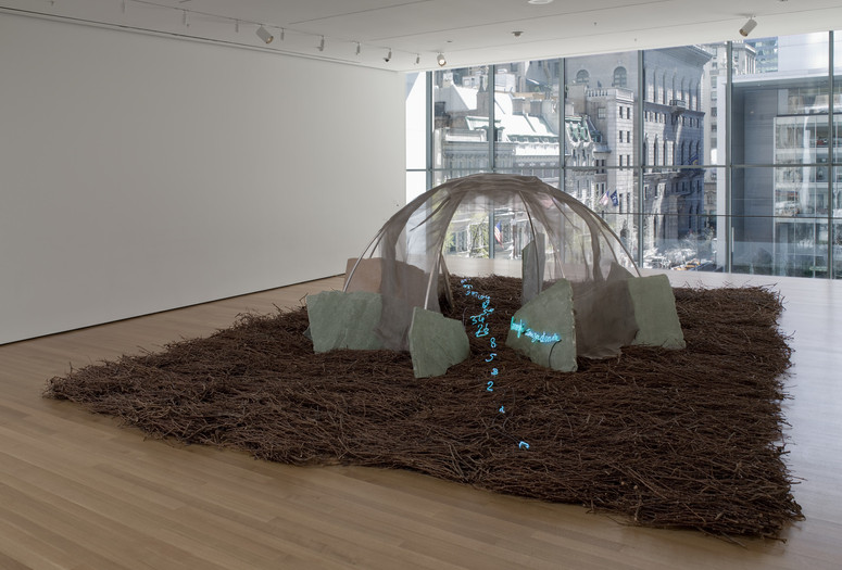 Mario Merz. Places with No Street. 1987. Aluminum, wire mesh, stones, twigs, neon tubing, and wires, overall dimensions variable, approximately 6’ 6 ¾” x 21’ x 28’ (200 x 640.5 x 854 cm). Sid R. Bass Fund and Enid A. Haupt Fund. © 2019/Artists Rights Society (ARS), New York/SIAE, Rome