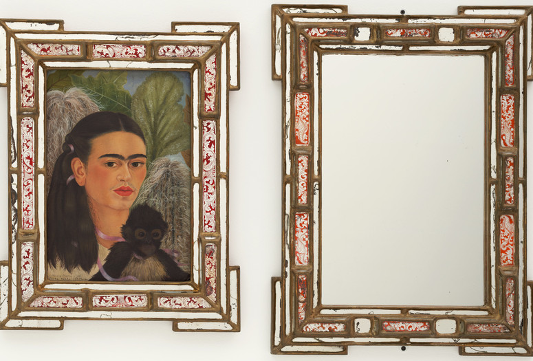 Frida Kahlo. Fulang-Chang and I. 1937 (assembled after 1939). In two parts, oil on composition board (1937) with painted mirror frame (added after 1939); and mirror with painted mirror frame (after 1939), framed painting, left 22 1/4 x 17 3/8 x 1 3/4" (56.5 x 44.1 x 4.4 cm); framed mirror, right 25 1/4 x 19 x 1 3/4" (64.1 x 48.3 x 4.4 cm). Mary Sklar Bequest. © 2019 Banco de México Diego Rivera Frida Kahlo Museums Trust, Mexico, D.F./Artists Rights Society (ARS), New York