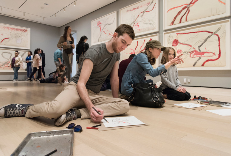 Visitors participating in activities in Louise Bourgeois: An Unfolding Portrait. The Museum of Modern Art, New York, September 24, 2017–January 28, 2018. © The Easton Foundation/VAGA at ARS, NY. Photo: Martin Seck