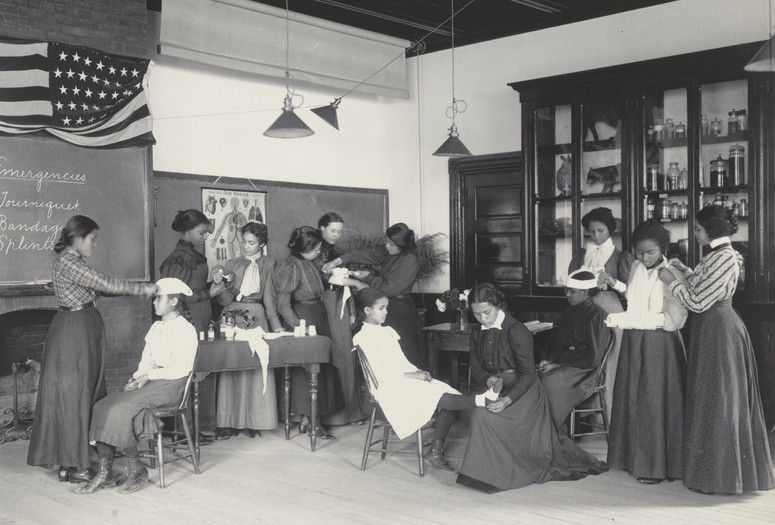 Frances Benjamin Johnston. Physiology. Class in emergency work. From The Hampton Album. 1899–1900. One from an album of 159 platinum prints, 7 9/16 × 9 1/2" (19.2 × 24.2 cm). The Museum of Modern Art, New York. Gift of Lincoln Kirstein