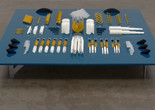 Tauba Auerbach. Altar/Engine. 2015. 3D printed nylon and plastic on table of aluminum, wood and paint, 116 parts ranging from 18 × 18 × 10” (45.7 × 45.7 × 25.4 cm) to 1 × 1 × 2” (2.5 × 2.5 × 5.1 cm), table 15 × 108 × 108” (38.1 × 274.3 × 274.3 cm). Acquired through the generosity of Jerry I. Speyer and Katherine Farley, Allison and Neil Rubler, an anonymous donor, and The Contemporary Arts Council of The Museum of Modern Art. © Tauba Auerbach. Courtesy Paula Cooper Gallery, New York