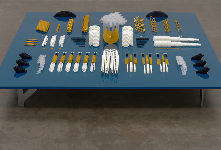 Tauba Auerbach. Altar/Engine. 2015. 3D printed nylon and plastic on table of aluminum, wood and paint, 116 parts ranging from 18 × 18 × 10” (45.7 × 45.7 × 25.4 cm) to 1 × 1 × 2” (2.5 × 2.5 × 5.1 cm), table 15 × 108 × 108” (38.1 × 274.3 × 274.3 cm). Acquired through the generosity of Jerry I. Speyer and Katherine Farley, Allison and Neil Rubler, an anonymous donor, and The Contemporary Arts Council of The Museum of Modern Art. © Tauba Auerbach. Courtesy Paula Cooper Gallery, New York