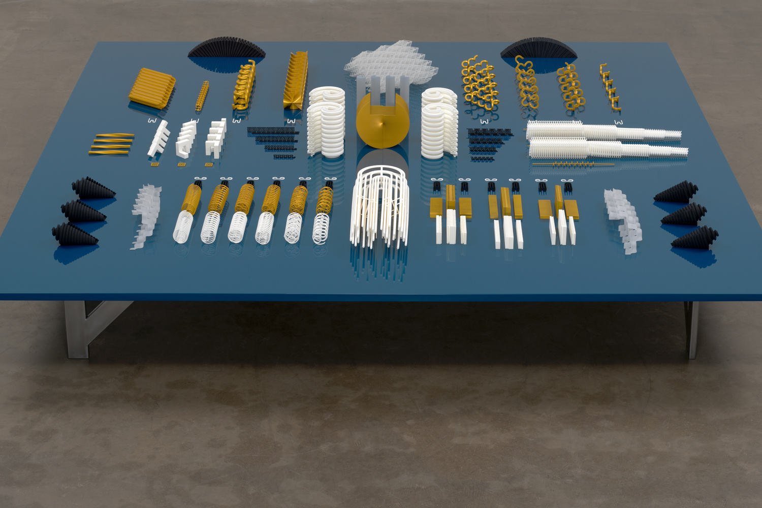 Tauba Auerbach. Altar/Engine. 2015. 3D printed nylon and plastic on table of aluminum, wood and paint, 116 parts ranging from 18 × 18 × 10” (45.7 × 45.7 × 25.4 cm) to 1 × 1 × 2” (2.5 × 2.5 × 5.1 cm), table 15 × 108 × 108” (38.1 × 274.3 × 274.3 cm). Acquired through the generosity of Jerry I. Speyer and Katherine Farley, Allison and Neil Rubler, an anonymous donor, and The Contemporary Arts Council of The Museum of Modern Art. © Tauba Auerbach. Courtesy Paula Cooper Gallery, New York