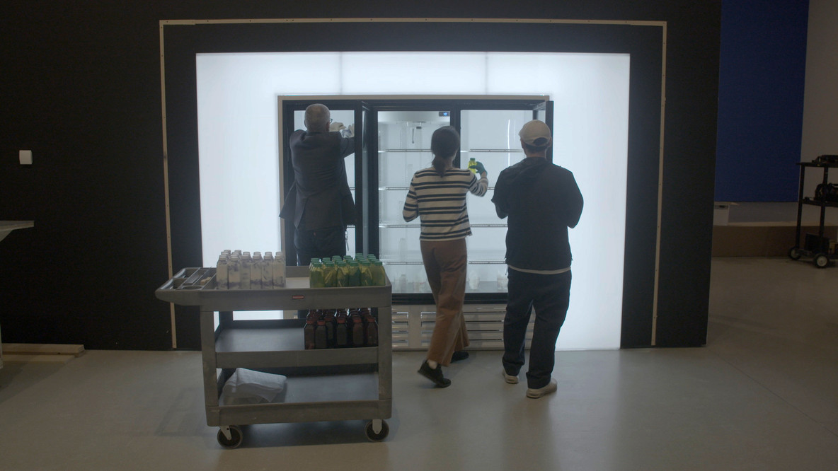 This is the first batch of drinks going into the fridge at the entrance to the exhibition New Order: Art and Technology in the Twenty-First Century. Over five days of installation, an average of three drinks were made per day.