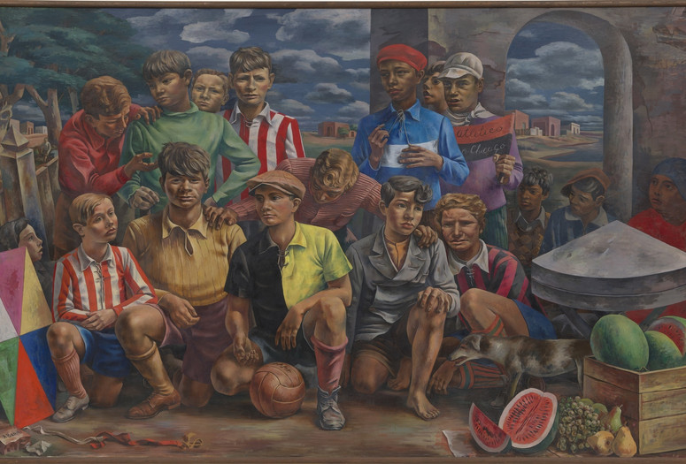 Antonio Berni. New Chicago Athletic Club (Club atlético Nueva Chicago). 1937. Oil on canvas, 6' 3/4" × 9' 10 1/4" (184.8 × 300.4 cm). The Museum of Modern Art, New York. Inter-American Fund. © 2019 Fundación Antonio Berni and Luis Emilio De Rosa, Argentina