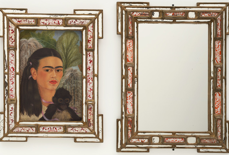 Frida Kahlo. Fulang-Chang and I. 1937 (assembled after 1939). In two parts, oil on composition board (1937) with painted mirror frame (added after 1939); and mirror with painted mirror frame (after 1939), framed painting, left 22 1/4 x 17 3/8 x 1 3/4&#34; (56.5 x 44.1 x 4.4 cm); framed mirror, right 25 1/4 x 19 x 1 3/4&#34; (64.1 x 48.3 x 4.4 cm). Mary Sklar Bequest. © 2019 Banco de México Diego Rivera Frida Kahlo Museums Trust, Mexico, D.F. / Artists Rights Society (ARS), New York