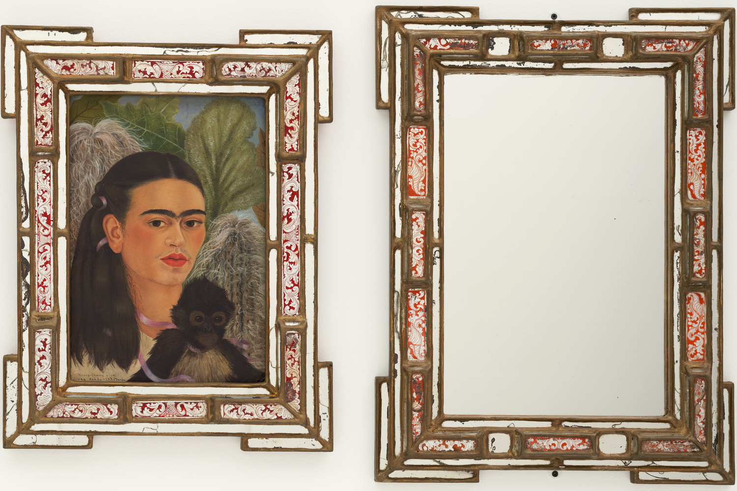 Frida Kahlo. Fulang-Chang and I. 1937 (assembled after 1939). In two parts, oil on composition board (1937) with painted mirror frame (added after 1939); and mirror with painted mirror frame (after 1939), framed painting, left 22 1/4 x 17 3/8 x 1 3/4" (56.5 x 44.1 x 4.4 cm); framed mirror, right 25 1/4 x 19 x 1 3/4" (64.1 x 48.3 x 4.4 cm). Mary Sklar Bequest. © 2019 Banco de México Diego Rivera Frida Kahlo Museums Trust, Mexico, D.F. / Artists Rights Society (ARS), New York