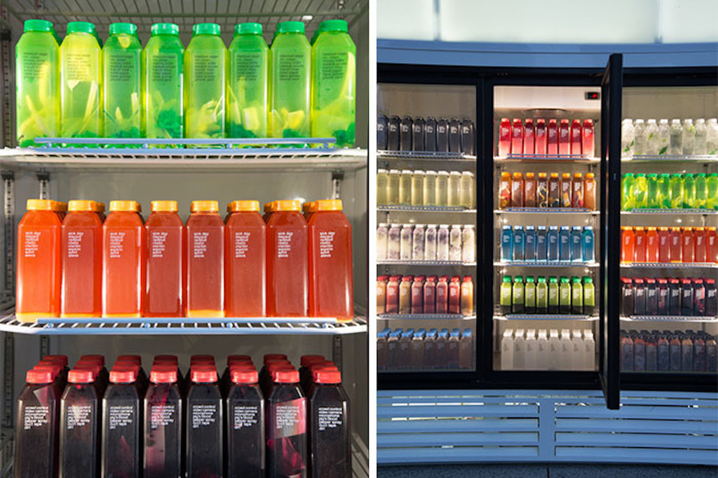 Josh Kline. Skittles. 2014. Commercial refrigerator, light box and blended liquids in bottles, 86 1/2 x 127 1/2 x 41" (219.7 x 323.9 x 104.1 cm). Fund for the Twenty-First Century