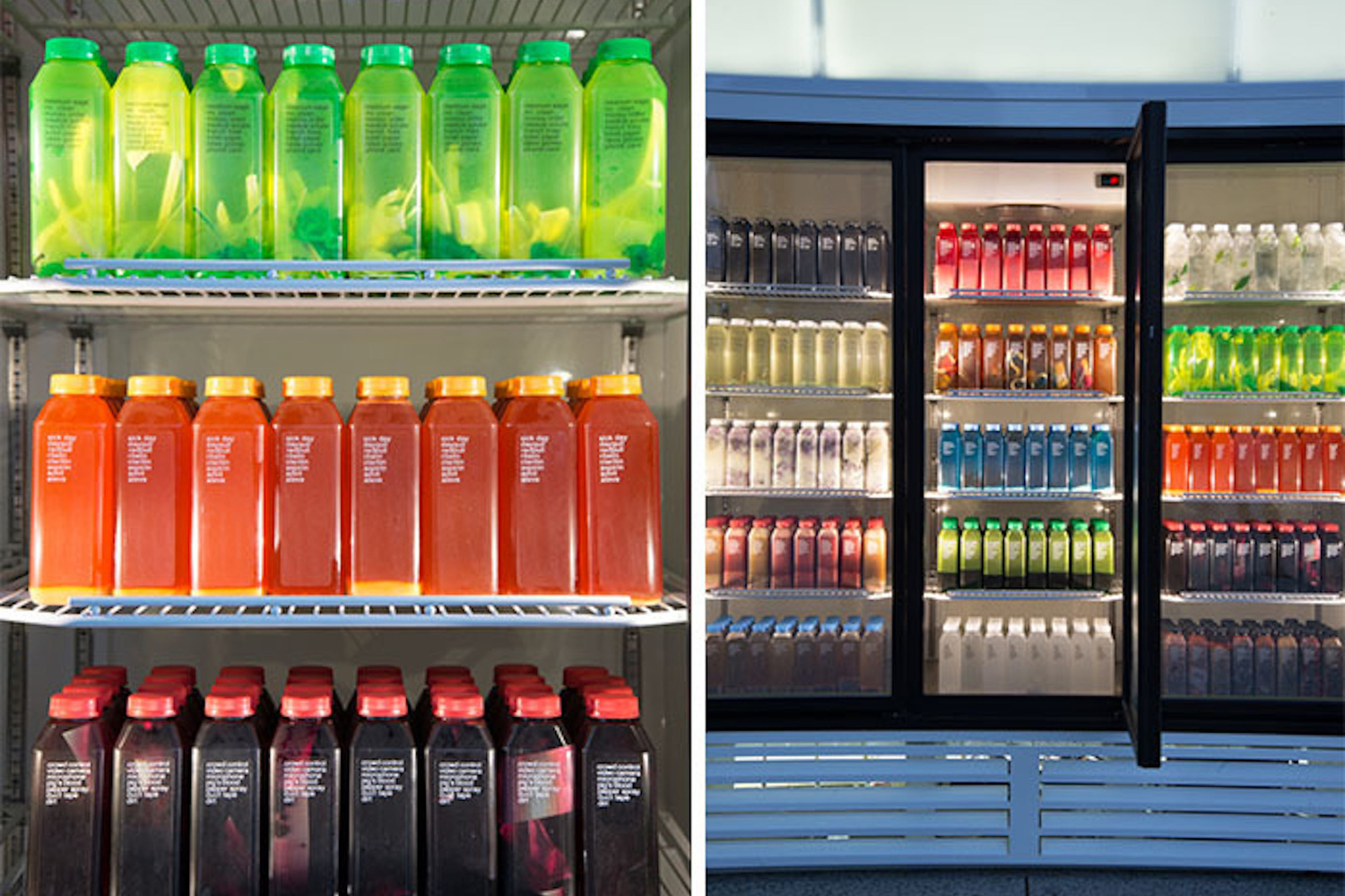 Josh Kline. Skittles. 2014. Commercial refrigerator, light box and blended liquids in bottles, 86 1/2 x 127 1/2 x 41" (219.7 x 323.9 x 104.1 cm). Fund for the Twenty-First Century