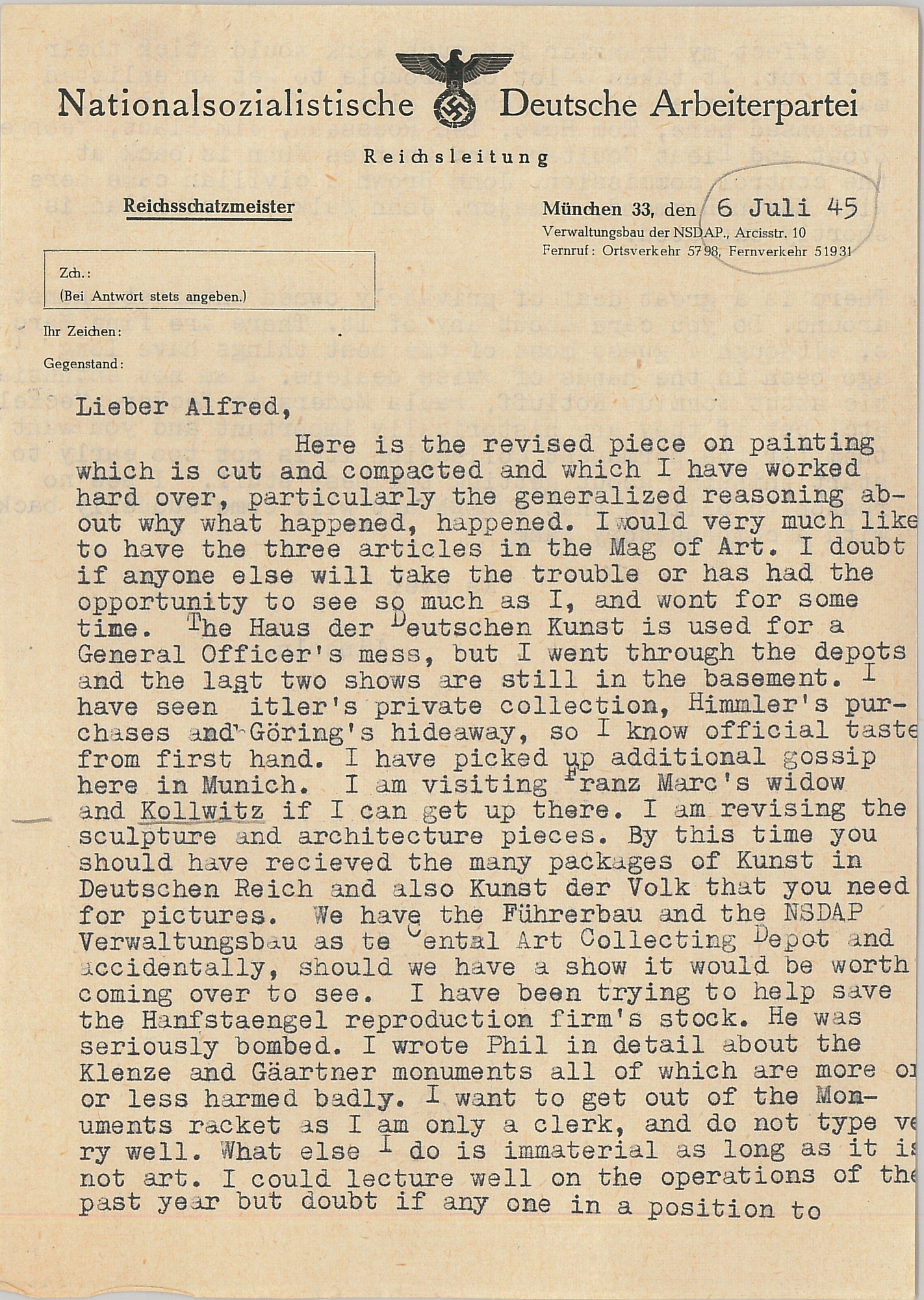Letter from Lincoln Kirstein (from Germany) to Alfred H. Barr Jr. enclosing his revised article on painting for the “Magazine of Art,” July 6, 1945. Alfred H. Barr Jr. Papers, VI.A.41. The Museum of Modern Art Archives, New York
