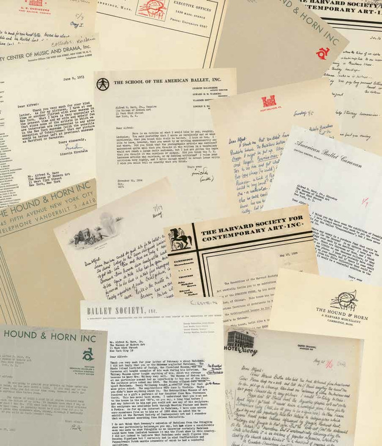 Collage of letterheads, designed by Inventory Form & Content (IN-FO.CO) as the endpaper to the exhibition catalogue for Lincoln Kirstein’s Modern
