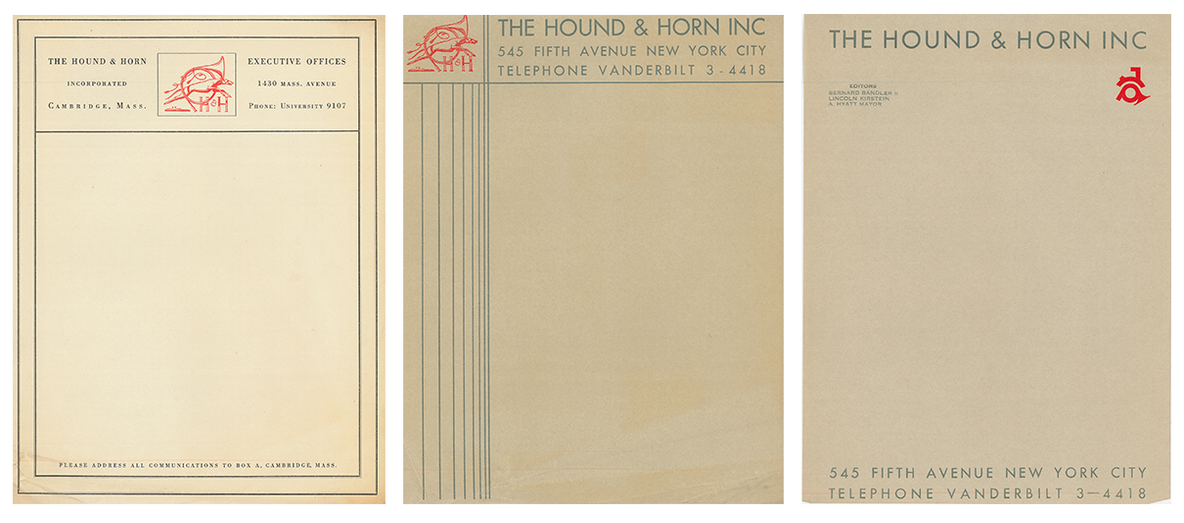 Three generations of Hound &amp; Horn letterhead. The Hound &amp; Horn Scrapbook. The Museum of Modern Art Archives, New York