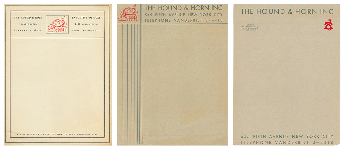 Three generations of Hound & Horn letterhead. The Hound & Horn Scrapbook. The Museum of Modern Art Archives, New York