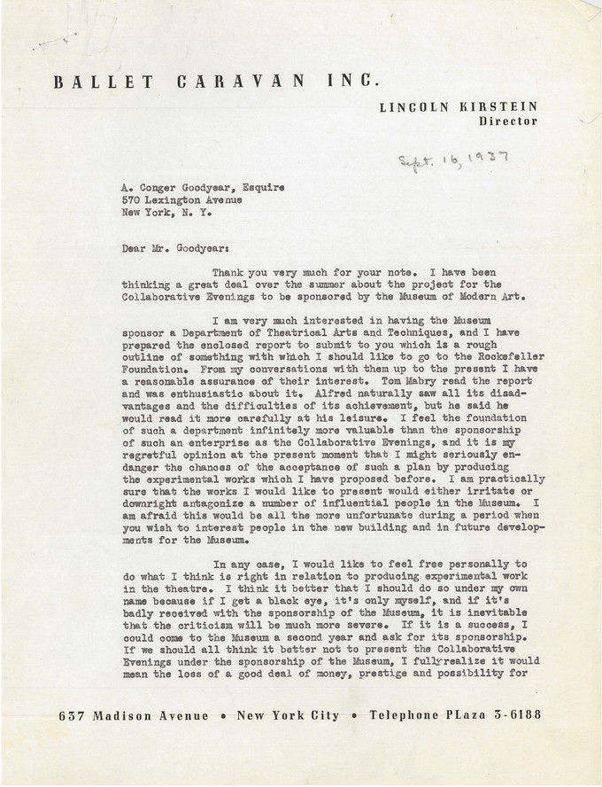 Page one of a two-page cover letter from Lincoln Kirstein to A. Conger Goodyear for an outline of a proposed Department of Theatrical Arts and Techniques, September 16, 1937. Alfred H. Barr Jr. Papers, I.A.29. The Museum of Modern Art Archives, New York