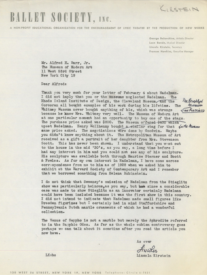 Letter from Lincoln Kirstein to Alfred H. Barr Jr. explaining that he did not mean to imply that Barr or MoMA had “neglected Nadelman,” c. February 1948. Alfred H. Barr Jr. Papers, I.A.102. The Museum of Modern Art Archives, New York