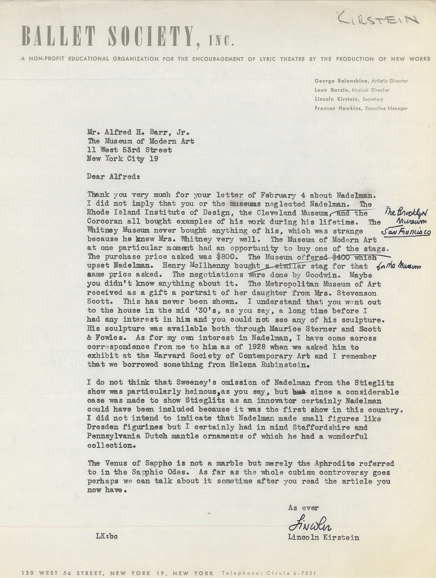 Letter from Lincoln Kirstein to Alfred H. Barr Jr. explaining that he did not mean to imply that Barr or MoMA had “neglected Nadelman,” c. February 1948. Alfred H. Barr Jr. Papers, I.A.102. The Museum of Modern Art Archives, New York