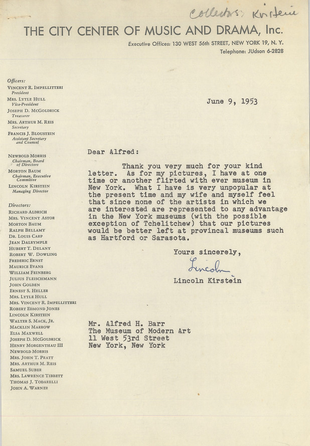 Letter from Lincoln Kirstein to Alfred H. Barr Jr. concerning Kirstein’s collection, June 9, 1953. Collectors Records, 41. The Museum of Modern Art Archives, New York