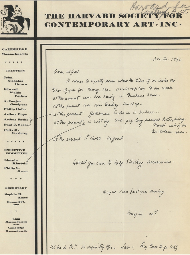Letter from Lincoln Kirstein to Alfred H. Barr Jr. requesting funding for The Harvard Society for Contemporary Art, Inc., December 16, 1930. Alfred H. Barr Jr. Papers, I.A.3. The Museum of Modern Art Archives, New York