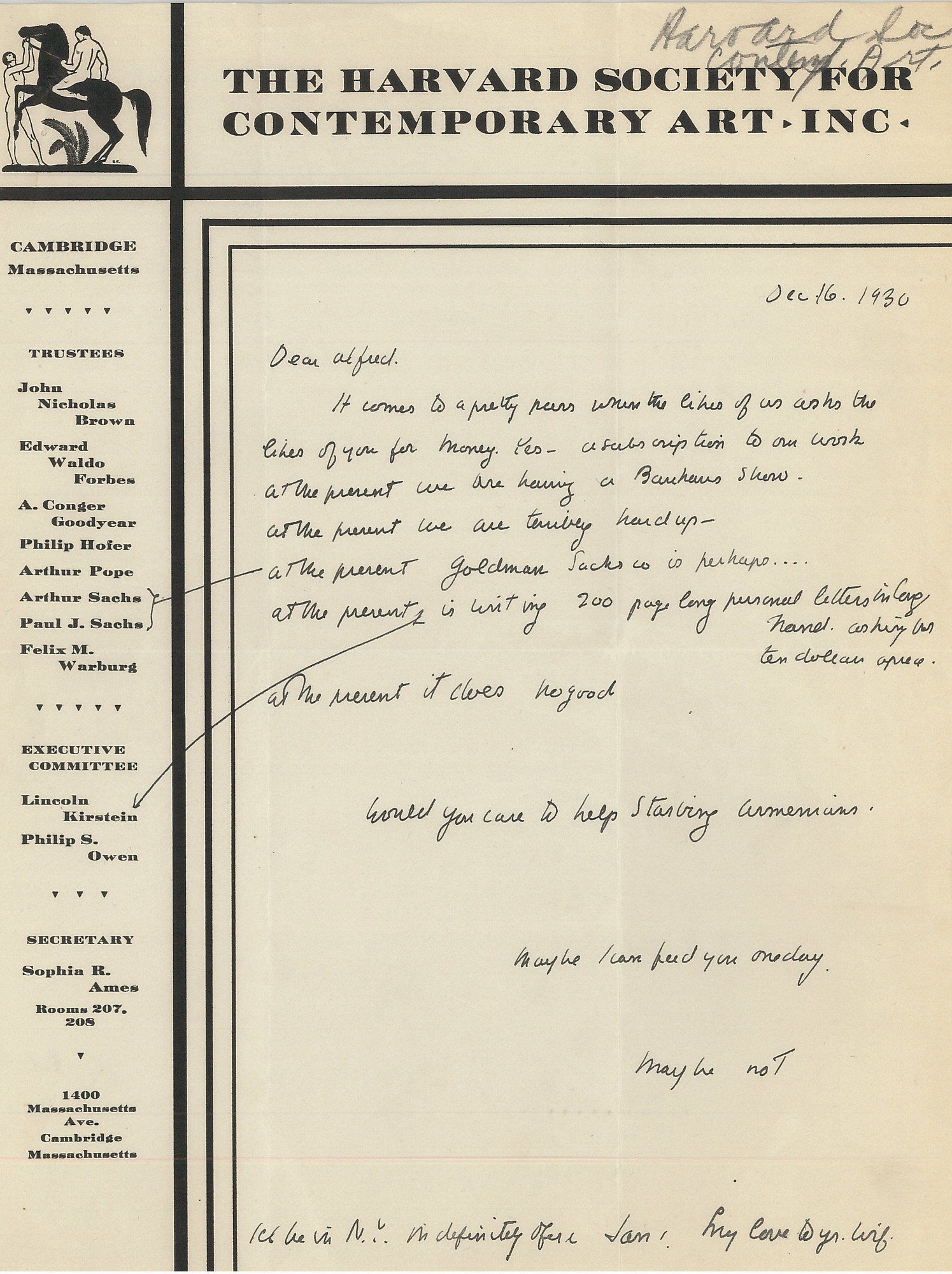 Letter from Lincoln Kirstein to Alfred H. Barr Jr. requesting funding for The Harvard Society for Contemporary Art, Inc., December 16, 1930. Alfred H. Barr Jr. Papers, I.A.3. The Museum of Modern Art Archives, New York