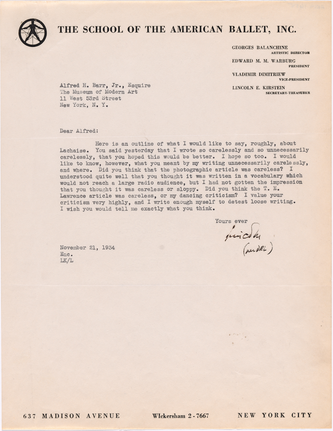 Cover letter from Lincoln Kirstein to Alfred H. Barr Jr. for Kirstein’s outline on remarks on Gaston Lachaise, November 21, 1934. The Museum of Modern Art Exhibition Records, 38.3. The Museum of Modern Art Archives, New York