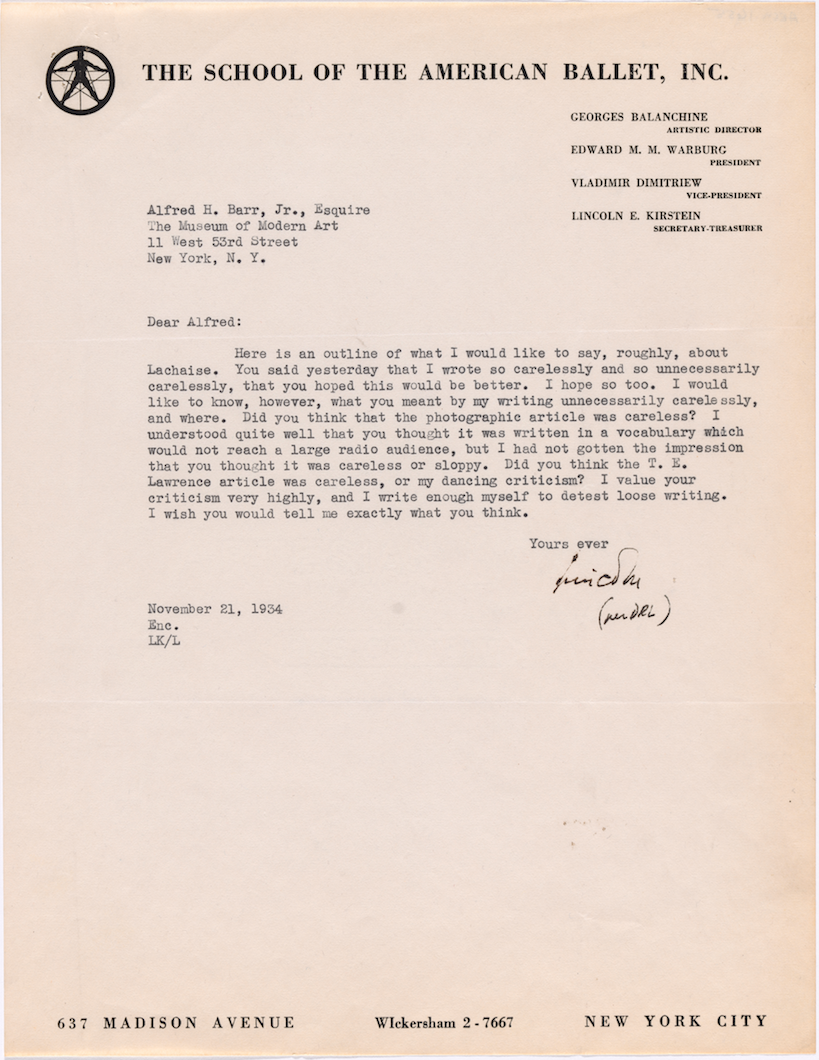 Cover letter from Lincoln Kirstein to Alfred H. Barr Jr. for Kirstein’s outline on remarks on Gaston Lachaise, November 21, 1934. The Museum of Modern Art Exhibition Records, 38.3. The Museum of Modern Art Archives, New York