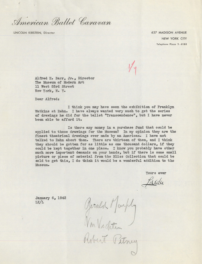 Letter from Lincoln Kirstein to Alfred H. Barr Jr. requesting funds to purchase the Franklin Watkins Transcendence series of drawings for the Museum, January 6, 1942. Alfred H. Barr Jr. Papers, I.A.51. The Museum of Modern Art Archives, New York