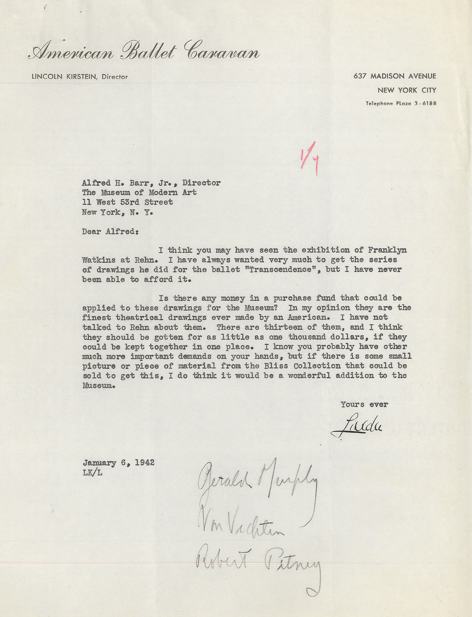 Letter from Lincoln Kirstein to Alfred H. Barr Jr. requesting funds to purchase the Franklin Watkins Transcendence series of drawings for the Museum, January 6, 1942. Alfred H. Barr Jr. Papers, I.A.51. The Museum of Modern Art Archives, New York