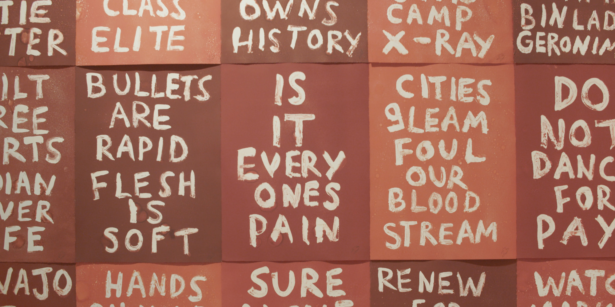 Hock E Aye Vi Edgar Heap of Birds. Panels from the series Surviving Active Shooter Custer. 2018. Image courtesy the artist