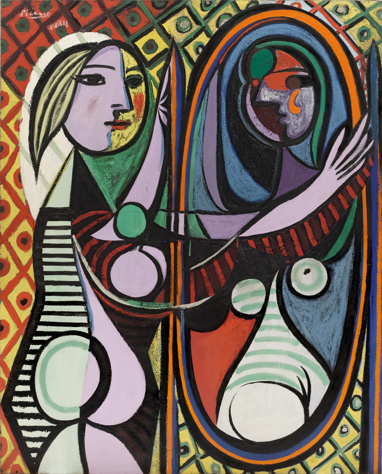 Pablo Picasso. _Girl Before a Mirror_. 1932. Oil on canvas, 64 x 51 1/4" (162.3 x 130.2 cm). Gift of Mrs. Simon Guggenheim. © 2019 Estate of Pablo Picasso / Artists Rights Society (ARS), New York