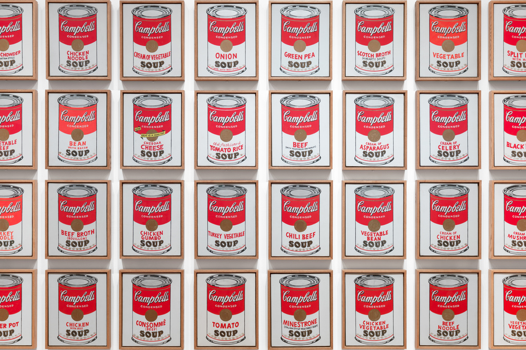 Andy Warhol. Campbell’s Soup Cans. 1962. Acrylic with metallic enamel paint on canvas, 32 panels, each canvas 20 x 16" (50.8 x 40.6 cm). Overall installation with 3" between each panel is 97" high x 163" wide. Partial gift of Irving Blum Additional funding provided by Nelson A. Rockefeller Bequest, gift of Mr. and Mrs. William A. M. Burden, Abby Aldrich Rockefeller Fund, gift of Nina and Gordon Bunshaft in honor of Henry Moore, acquired through the Lillie P. Bliss Bequest, Philip Johnson Fund, Frances R. Keech Bequest, gift of Mrs. Bliss Parkinson, and Florence B. Wesley Bequest (all by exchange). © 2019 Andy Warhol Foundation / ARS, NY / TM Licensed by Campbell's Soup Co. All rights reserved