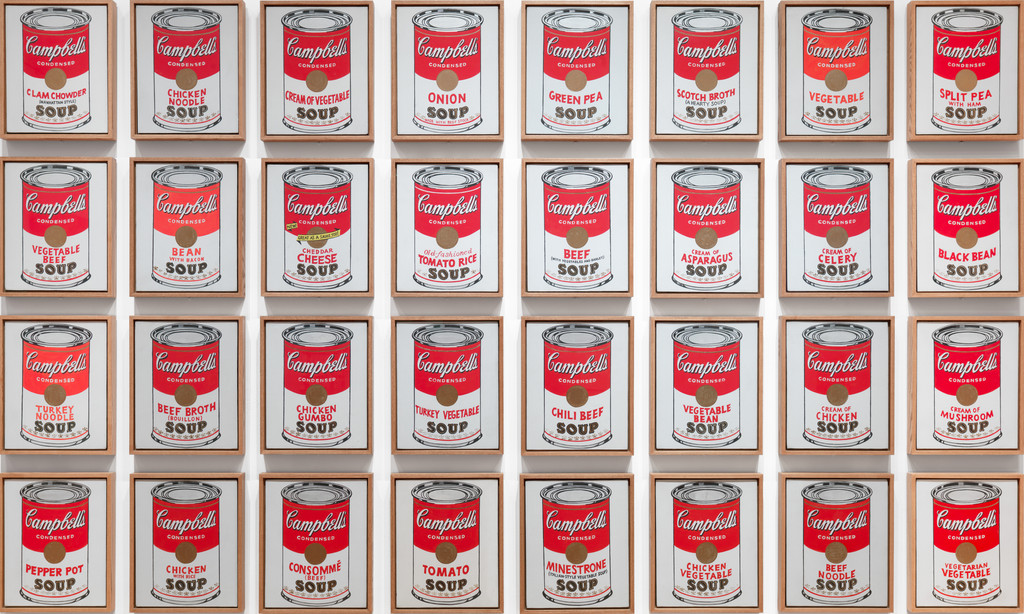 Andy Warhol. _Campbell’s Soup Cans_. 1962. Acrylic with metallic enamel paint on canvas, 32 panels, each canvas 20 x 16" (50.8 x 40.6 cm). Overall installation with 3" between each panel is 97" high x 163" wide. Partial gift of Irving Blum Additional funding provided by Nelson A. Rockefeller Bequest, gift of Mr. and Mrs. William A. M. Burden, Abby Aldrich Rockefeller Fund, gift of Nina and Gordon Bunshaft in honor of Henry Moore, acquired through the Lillie P. Bliss Bequest, Philip Johnson Fund, Frances R. Keech Bequest, gift of Mrs. Bliss Parkinson, and Florence B. Wesley Bequest (all by exchange). © 2019 Andy Warhol Foundation / ARS, NY / TM Licensed by Campbell's Soup Co. All rights reserved