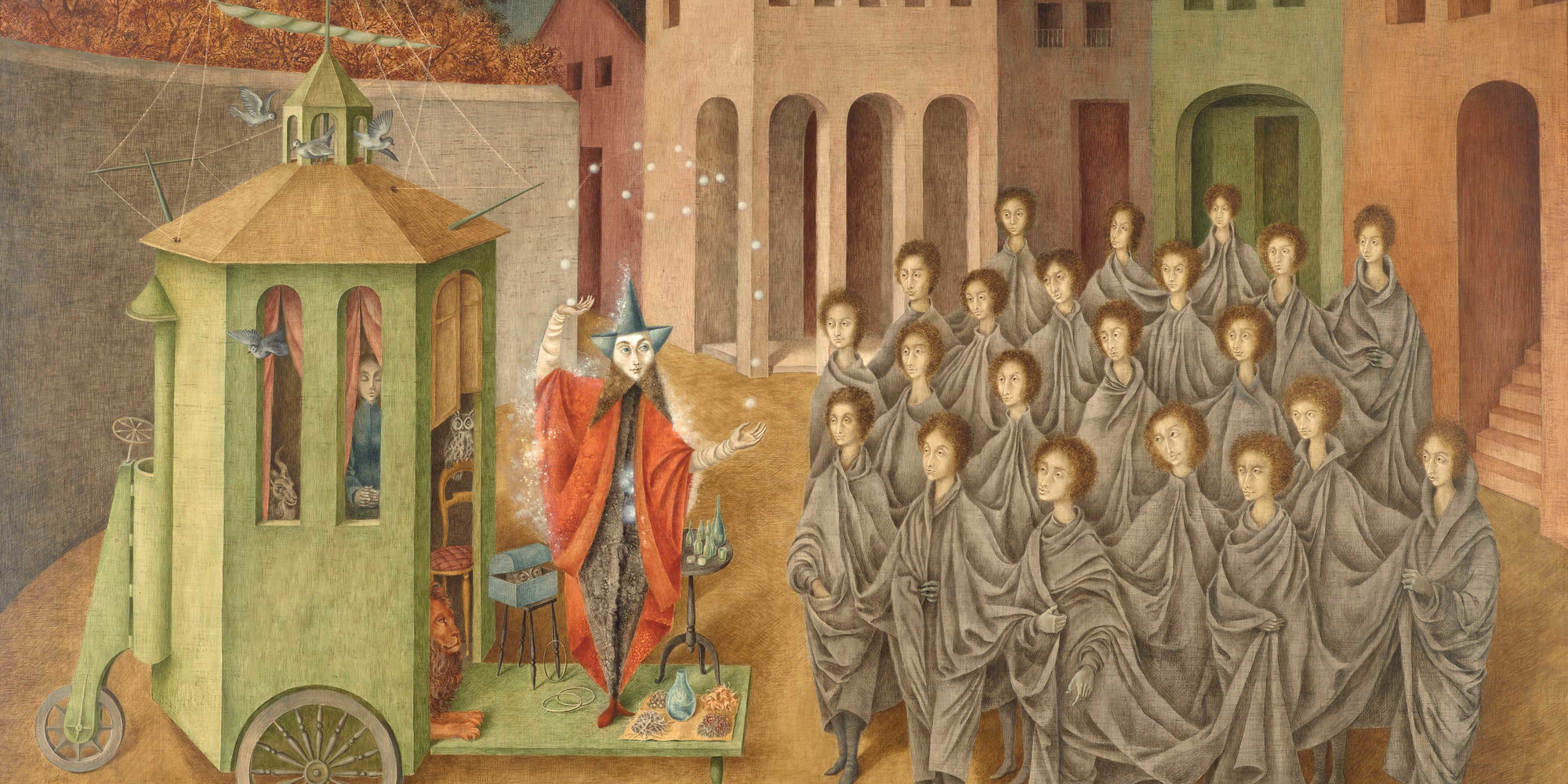 Remedios Varo. The Juggler (The Magician). 1956. Oil and inlaid mother of pearl on board, 35 13/16 × 48 1/16&#34; (91 × 122 cm). Purchase
